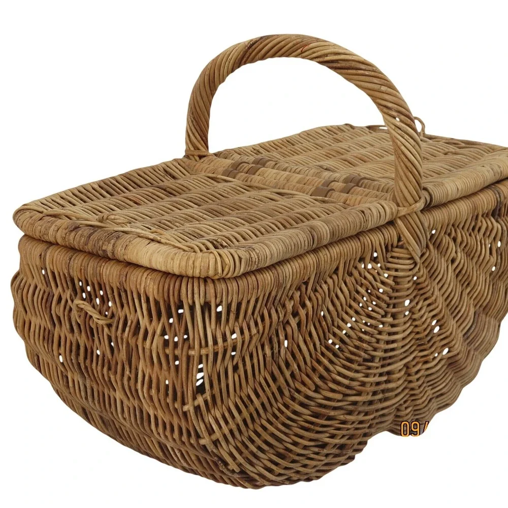 Vintage French Country Wicker Picnic Basket Double Bottom Rattan Hinged Lid
